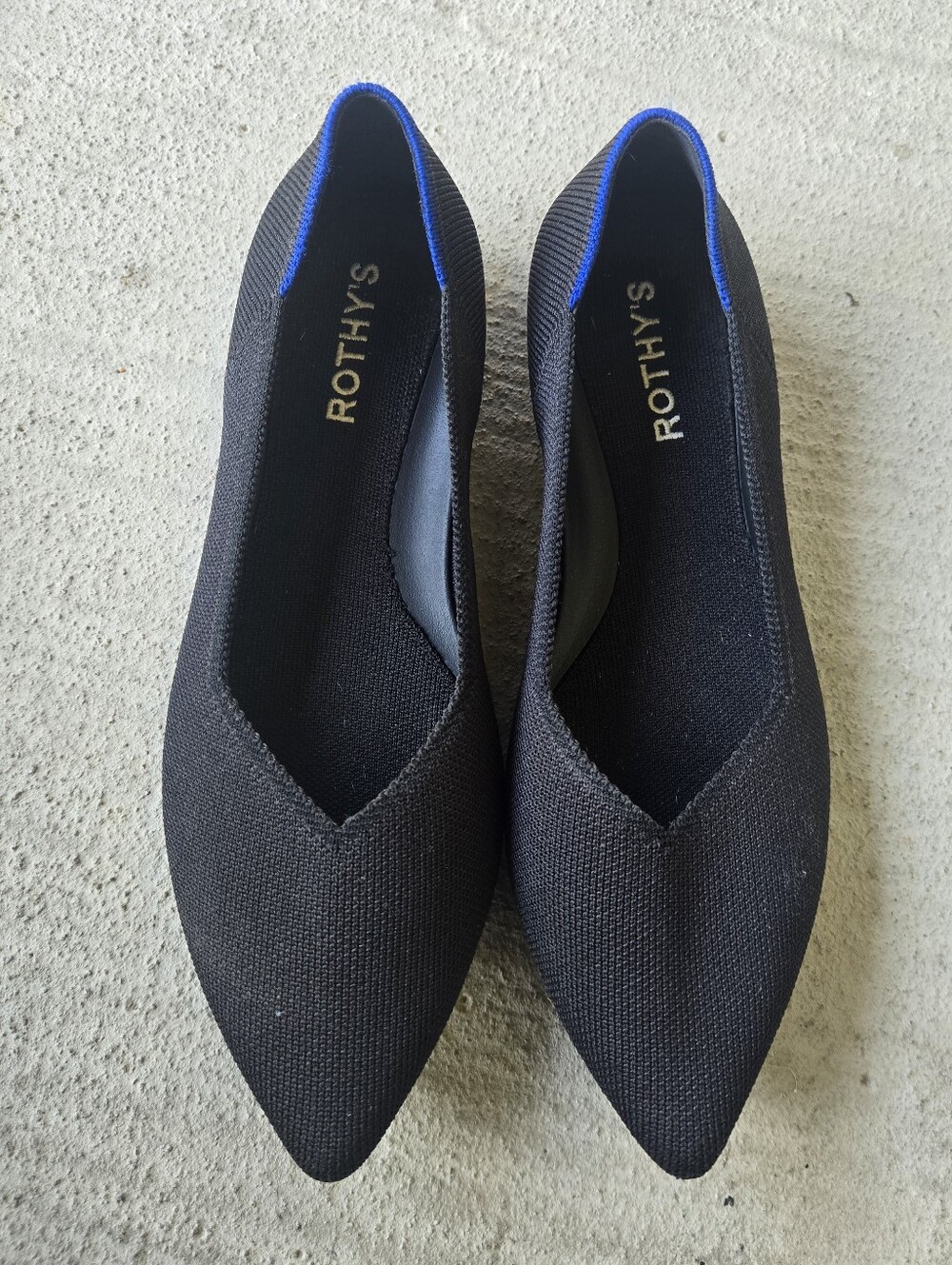 Rothy's Black Pointed Knit Flats with Blue Accent
